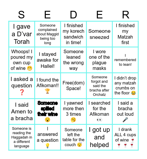 Pesach Seder Bingo Card