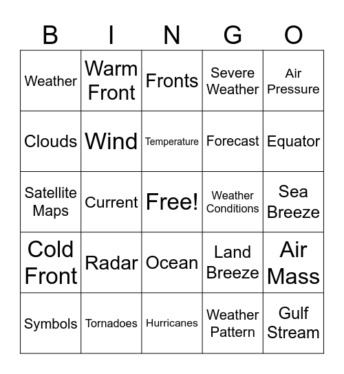 Unit 4 Weather Vocab Bingo Card