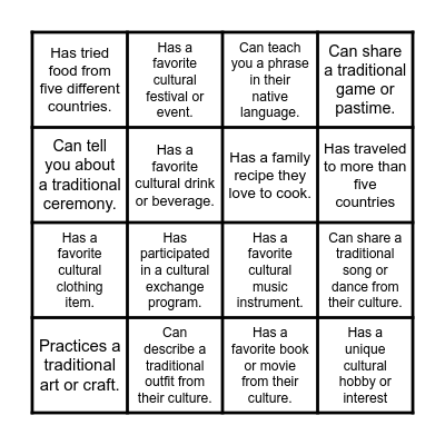 MEP Night Cultural Celebration Bingo Card