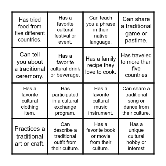 MEP Night Cultural Celebration Bingo Card