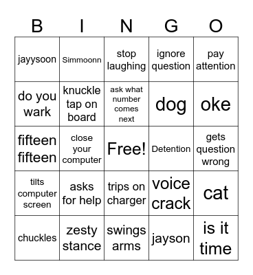 Mr G. Bingo Card