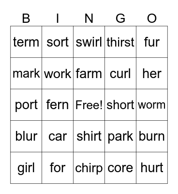 AR OR ORE IR UR ER W+OR Bingo Card