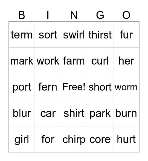 AR OR ORE IR UR ER W+OR Bingo Card