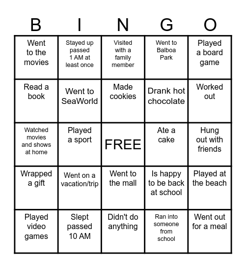 Spring Break Bingo Card