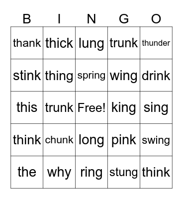 th, ng, nk, blends, digraphs Bingo Card