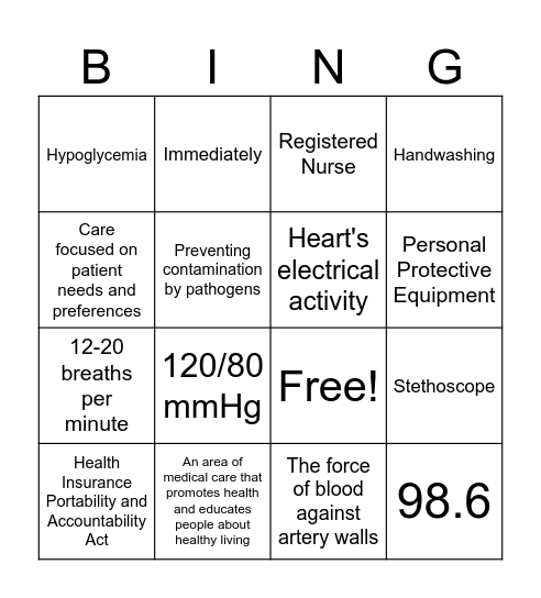 Nursing Bingo Card