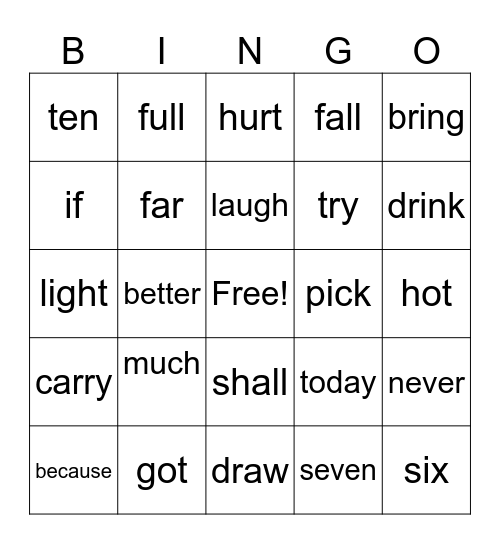 Sight Word BINGO Card