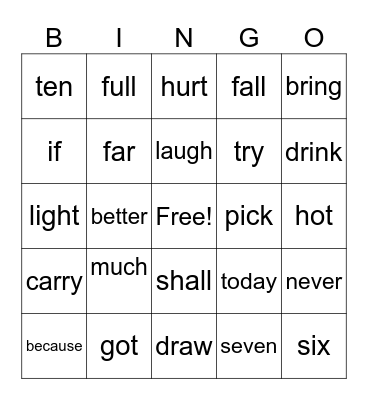 Sight Word BINGO Card