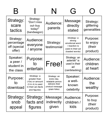 Persuasive Strategies BINGO 1 Bingo Card