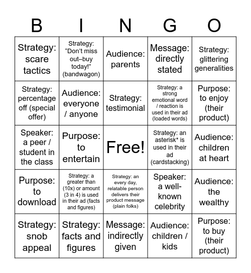 Persuasive Strategies BINGO 1 Bingo Card