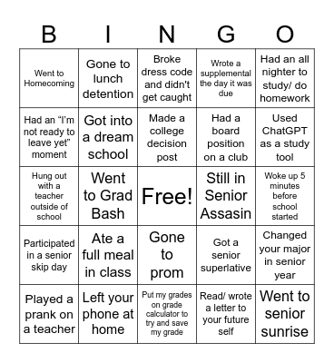 Senior Year Bingo Card