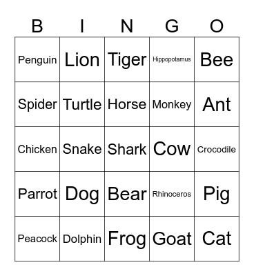 Animals Bingo Card
