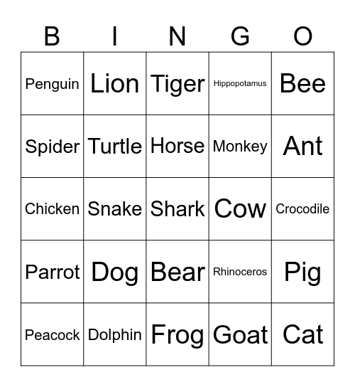 Animals Bingo Card
