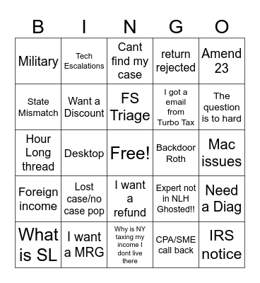 TurboTax Bingo Card