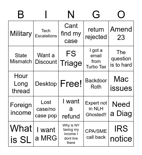 TurboTax Bingo Card