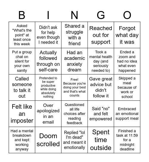 Graduate Student Bingo Card