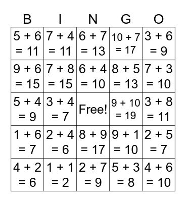 Math Addition Bingo (answers up to 20) Bingo Card