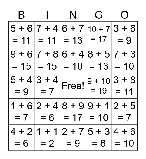 Math Addition Bingo (answers up to 20) Bingo Card