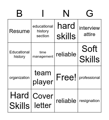 Job readiness bingo Card