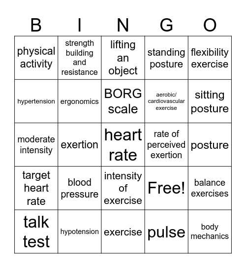Physical Activity Bingo Card