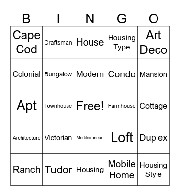 Housing Styles & Types Bingo Card