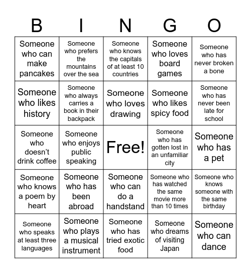 Icebreaker Bingo Card