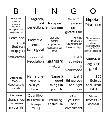 Mental Health Bingo Card