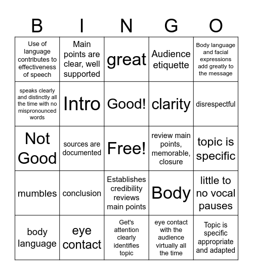 Narrative impact speech rubric bingo! Bingo Card