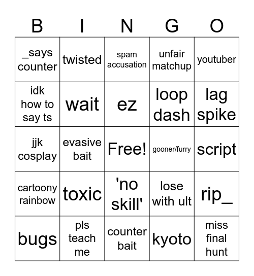 no skill bingo Card