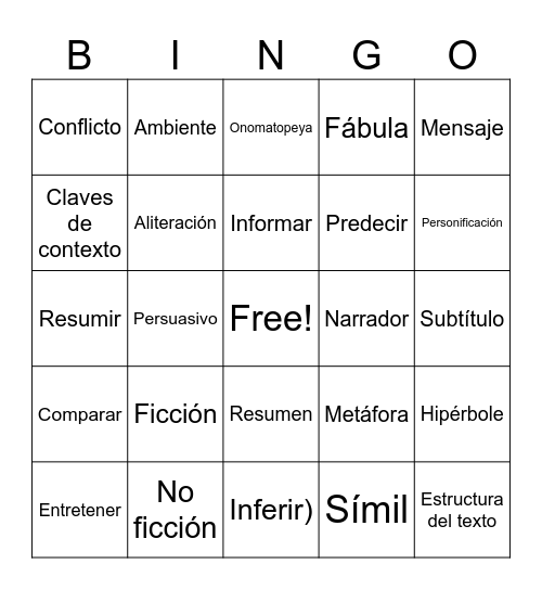 Repaso de lectura Bingo Card