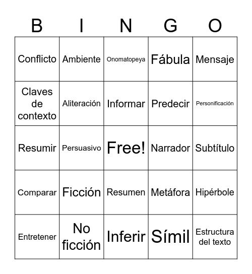 Repaso de lectura Bingo Card