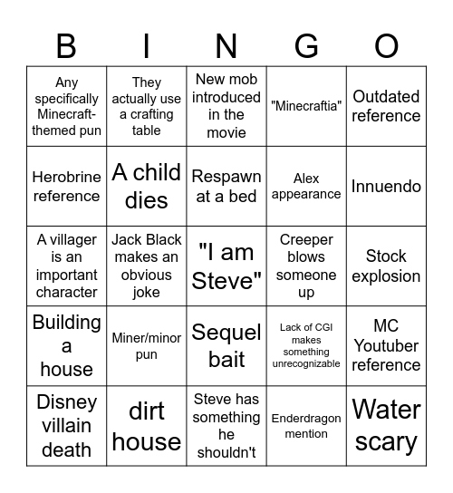 Incomplete CGI Minecraft Movie Drinking Bingo Card