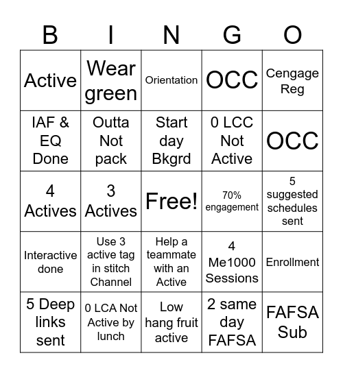 Start Day Bingo 2 week Cycle Bingo Card