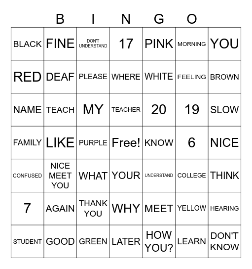 Meet & Greet, Numbers 1-20, Colors and Survival Words Bingo Card