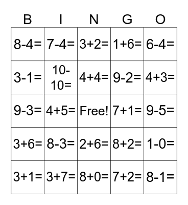 Addition and Subtraction Bingo Card