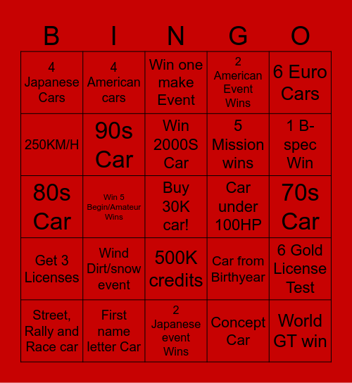 GT4 Rando Race! Bingo Card