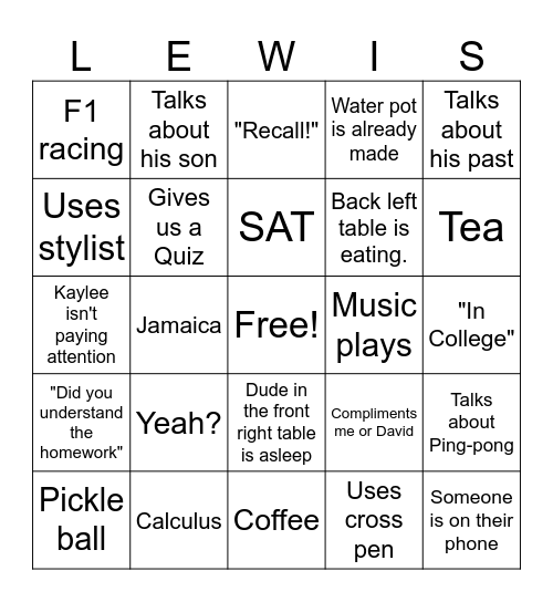 Lewis Bingo Card