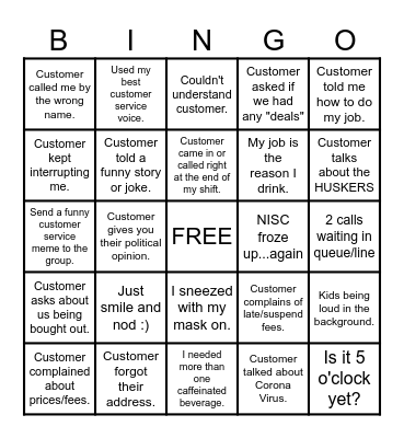 CUSTOMER SERVICE BINGO Card