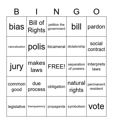 Civics Bingo Card
