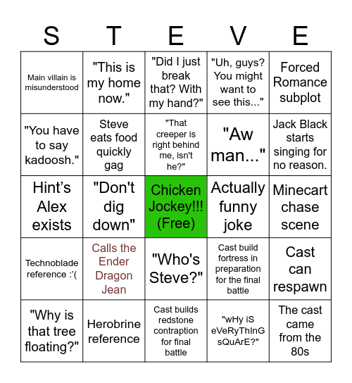 Minecraft Movie Bingo Card
