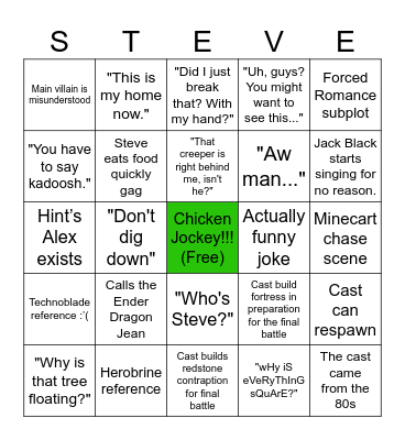 Minecraft Movie Bingo Card