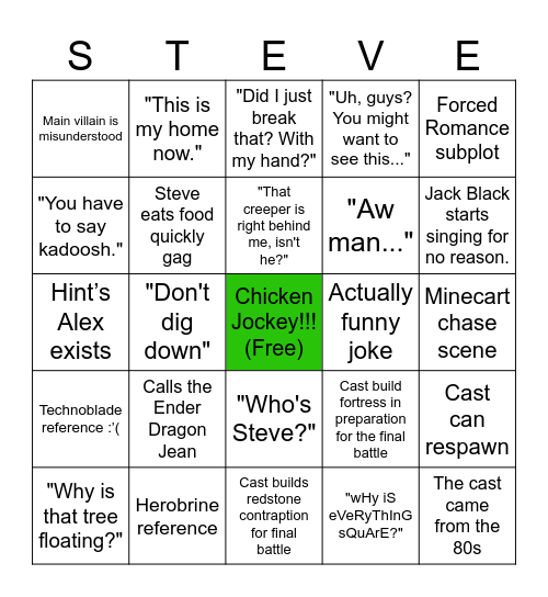 Minecraft Movie Bingo Card