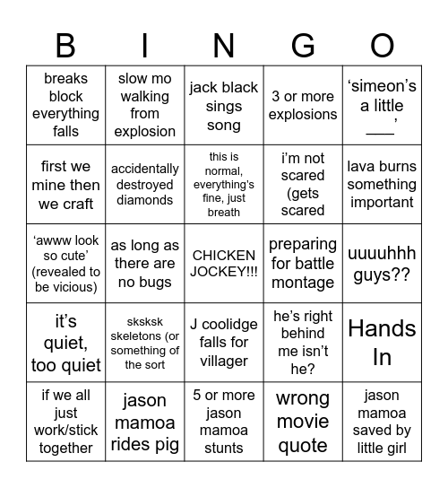 Minecraft Movie predictions Bingo Card