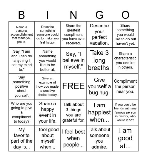 Self Awareness Bingo Card