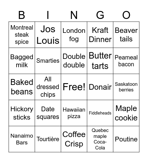Canadian foods Bingo Card