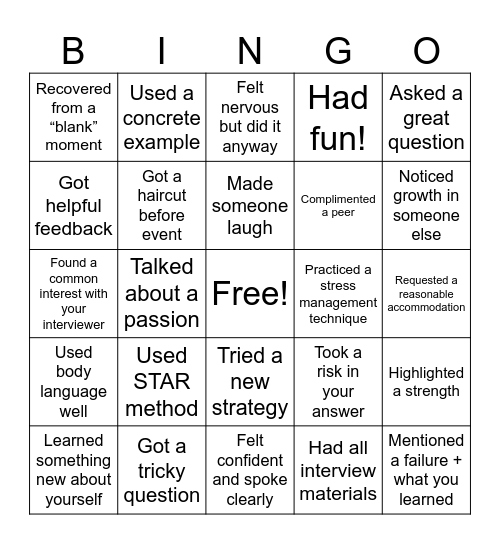 Mock Interview Debrief! Bingo Card