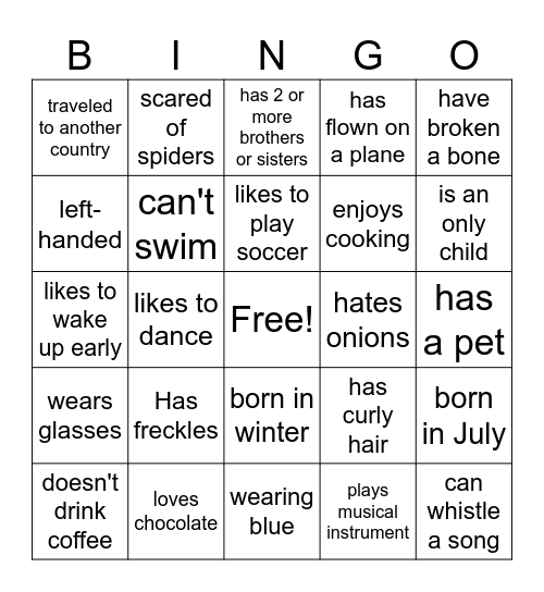 Get to know you BINGO Card