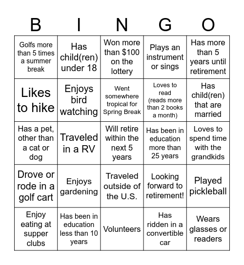 Retirement BINGO Card