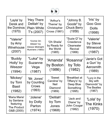 SONGS WITH A PERSONS NAME IN THE TITLE Bingo Card