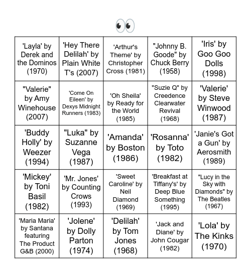 SONGS WITH A PERSONS NAME IN THE TITLE Bingo Card